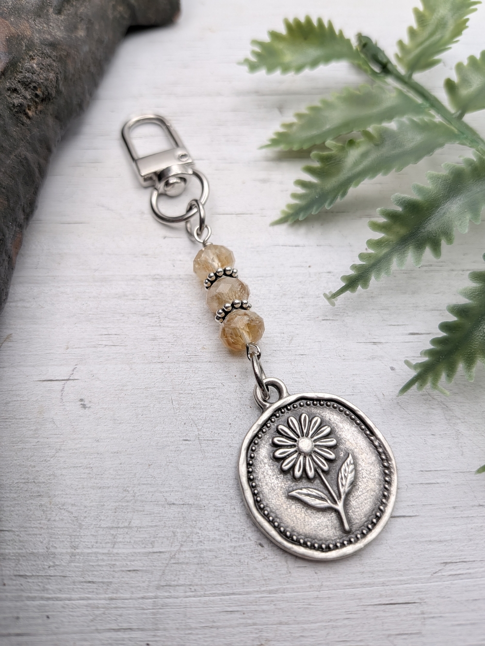 Daisy Flower Keychain with Citrine Beads / Bag Charm